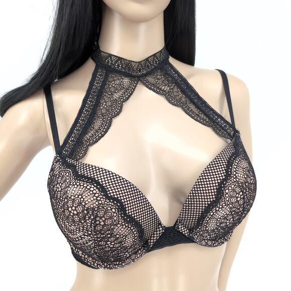 Victoria's Secret Very Sexy Push Up Choker 36 B Bra High Neck Black Nude - VGUC - Picture 2 of 16